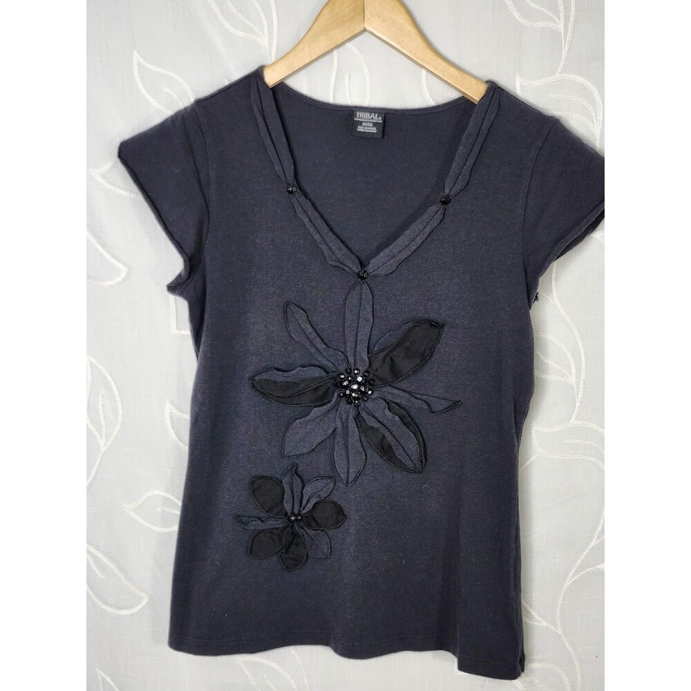 Tribal Sleeveless Embroidered Flower Applique Blouse Boho Chic Women's Medium